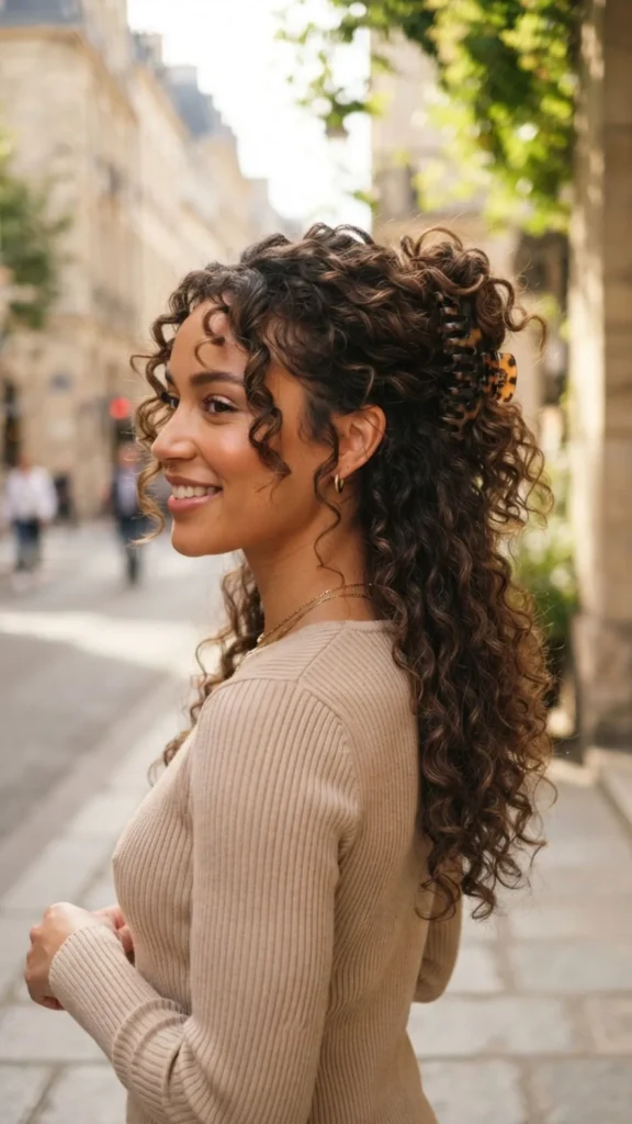 Claw clip curly updo with loose tendrils for an easy, stylish, and effortless hairstyle.
