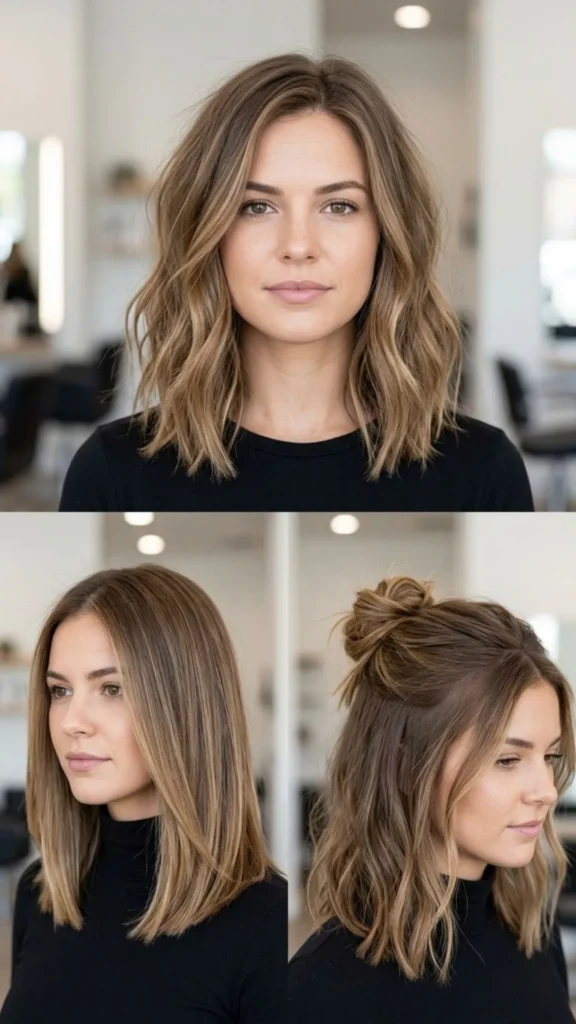 Collarbone-length lob haircut offering versatile styling with natural volume for fine hair.
