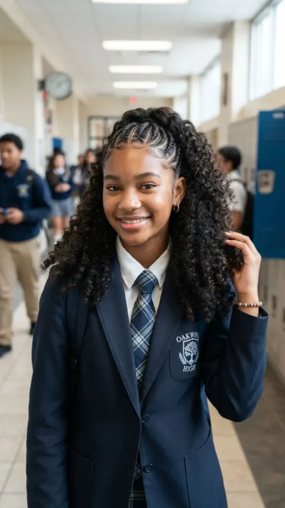 Cornrow braids paired with voluminous curls for a bold and stylish school look