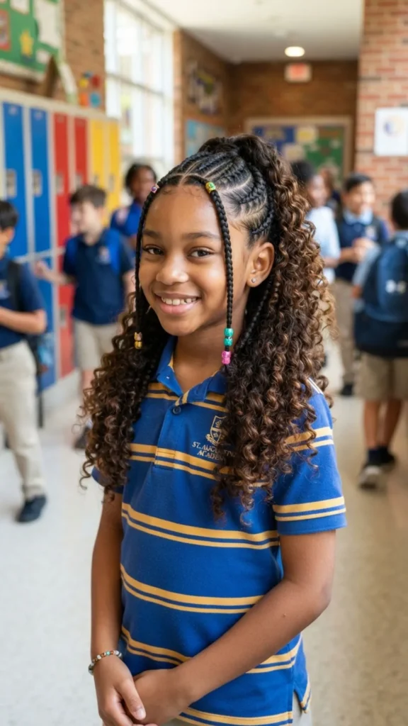 Cornrow braids with curled ends for a stylish and playful school look