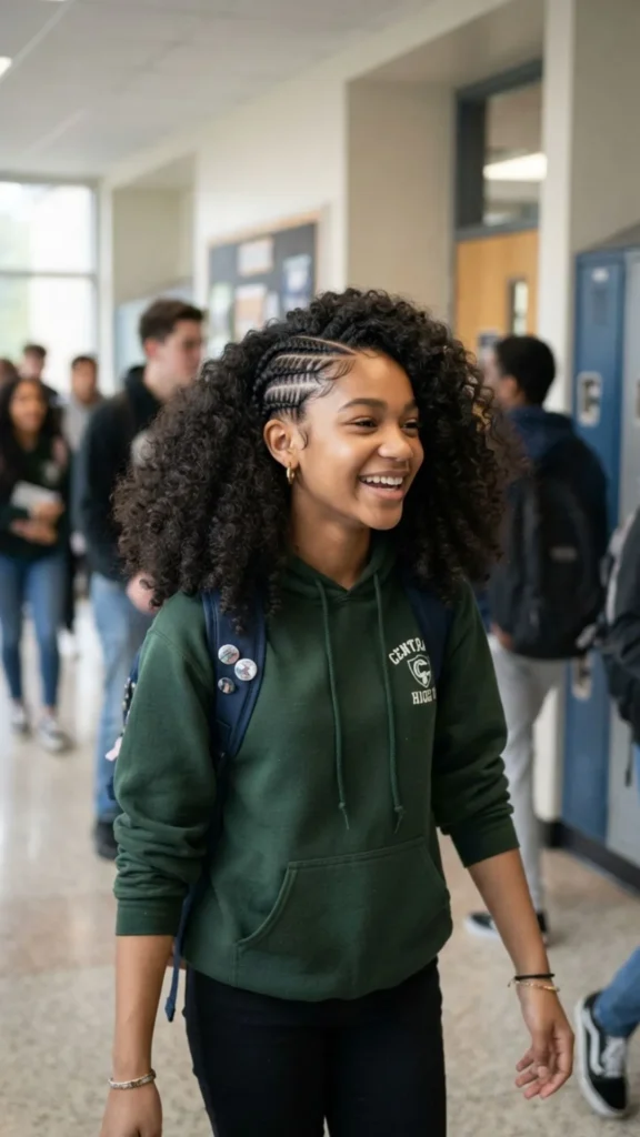 Cornrow side parts styled with voluminous natural curls for a trendy school look
