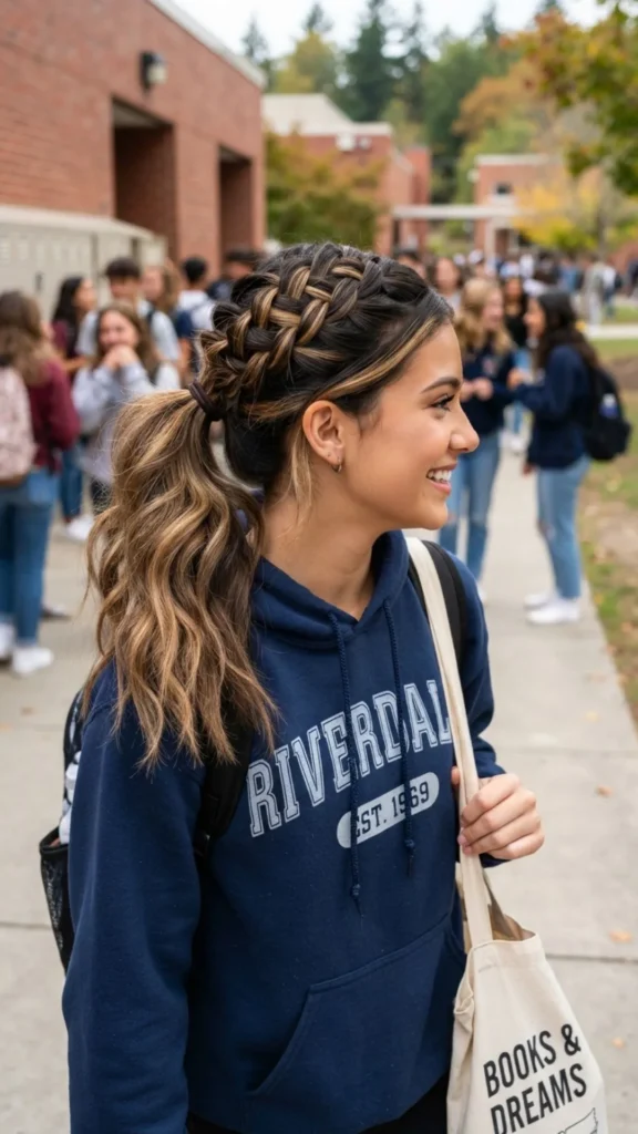  Crisscross ponytail with light brown highlighted hair.
