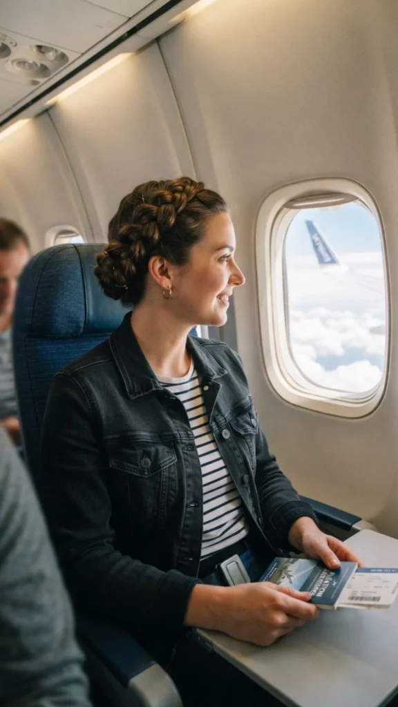 Elegant crown braid hairstyle for comfortable and stylish airplane travel
