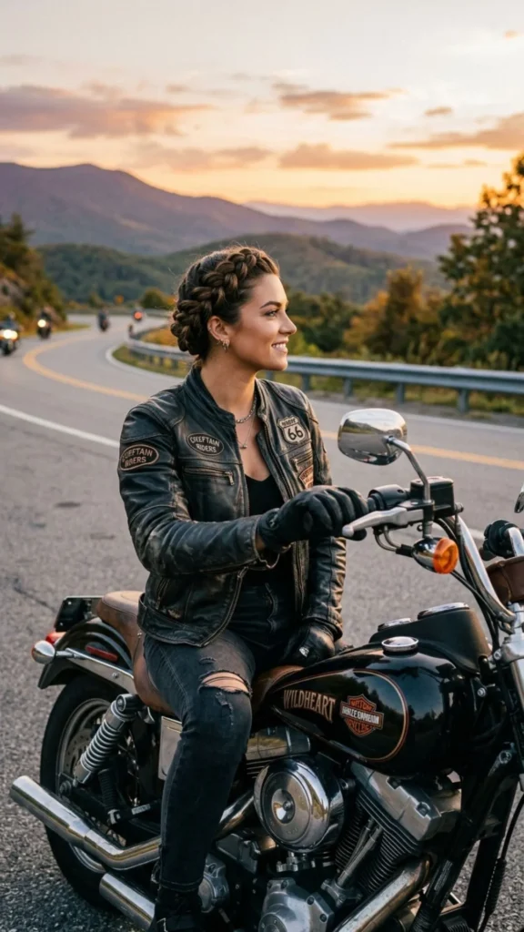Elegant crown braid wrapped around the head for a secure and feminine biker hairstyle.
