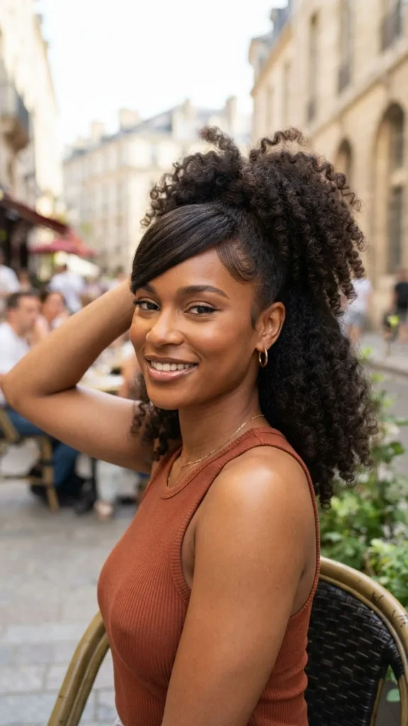 Curly high ponytail styled with flattering side bangs.