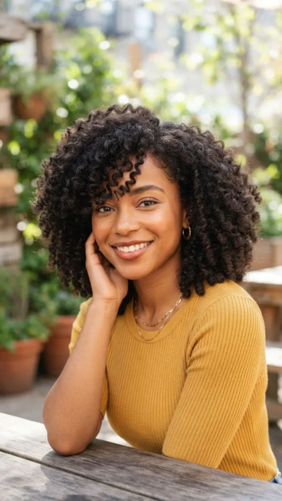 Natural curly hairstyle featuring soft side bangs and defined curls.