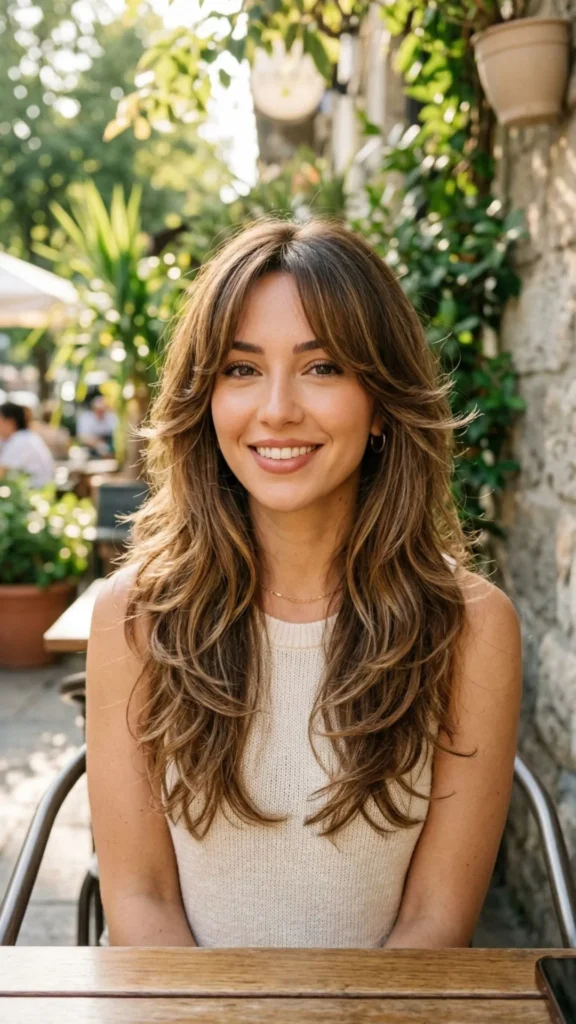 Curtain bangs paired with a butterfly haircut for layered volume and face-framing dimension.
