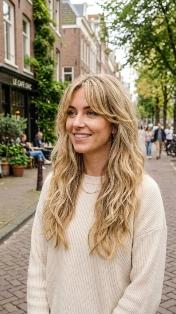 Curtain bangs with a long shag haircut add texture, movement, and modern volume.
