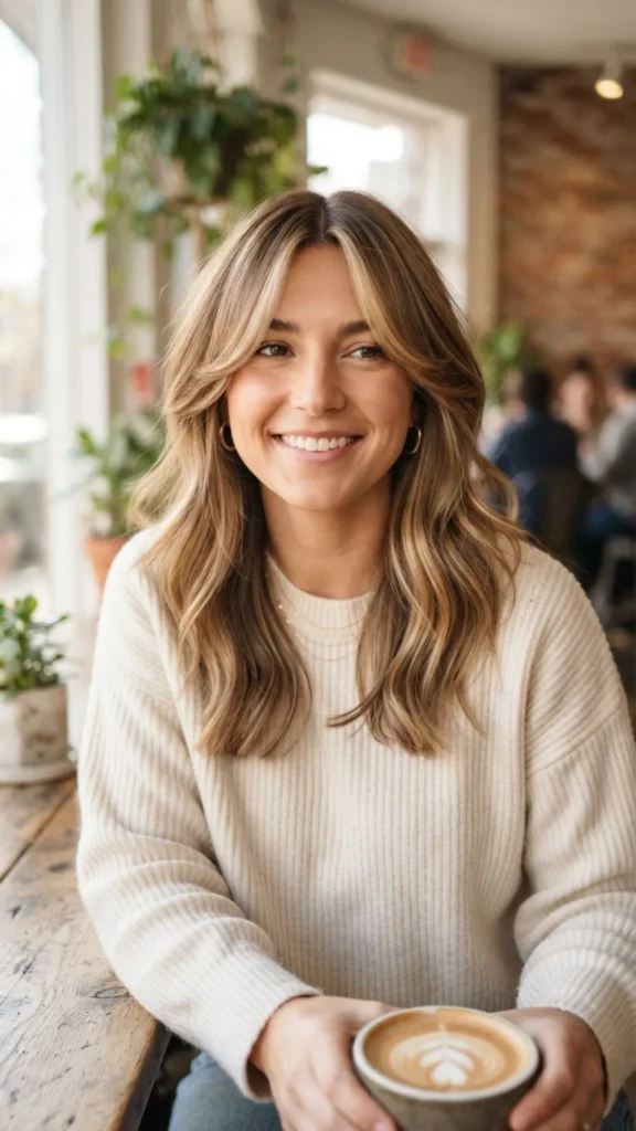 Curtain side bangs paired with layered hair for effortless style.