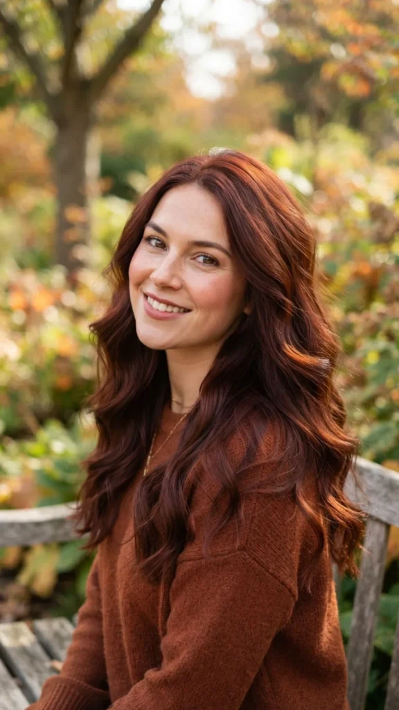 Dark auburn hair color with rich reddish-brown autumn tones.
