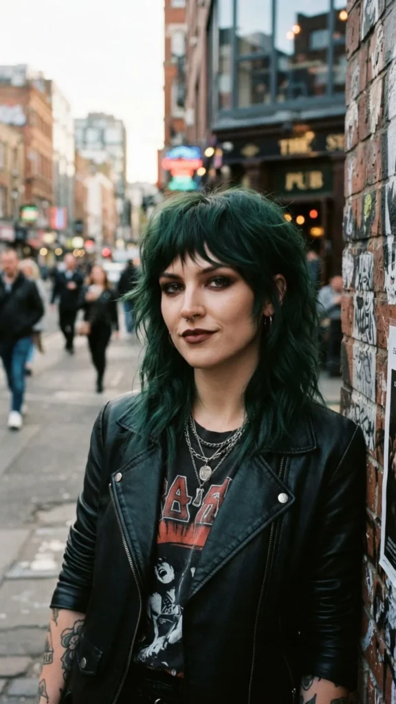 Shoulder-length edgy hairstyle with rich dark green color and texture.