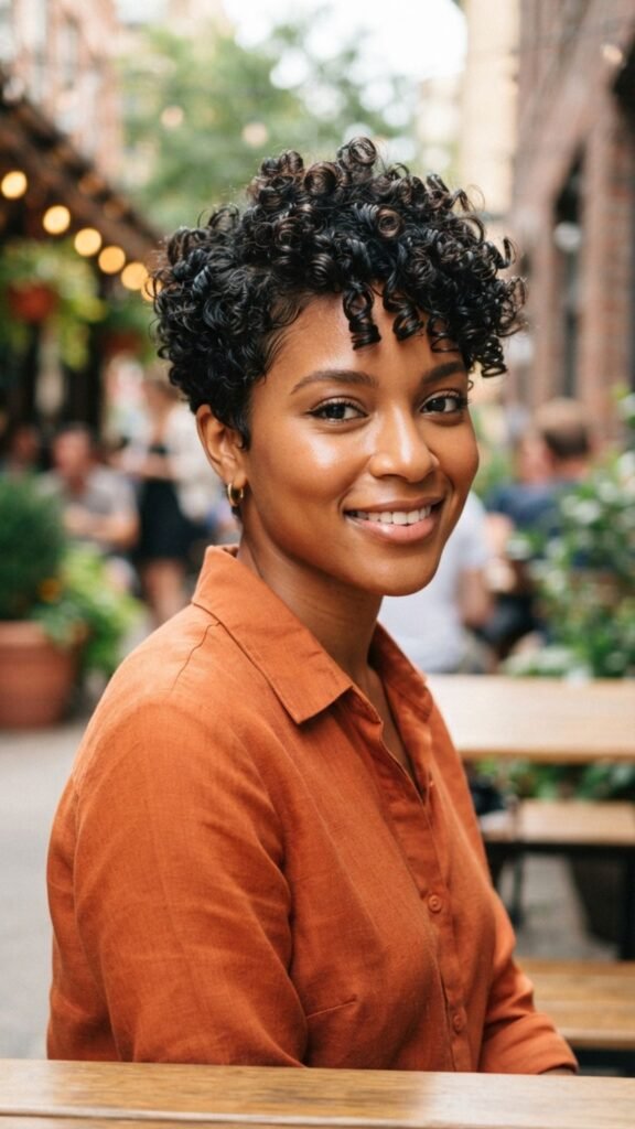 Defined curly pixie hairstyle with natural texture and volume.
