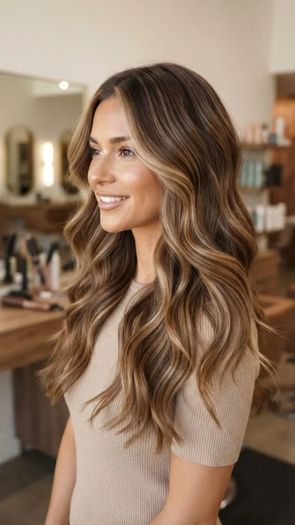 Dimensional brown butter hair color with soft creamy brown shades.