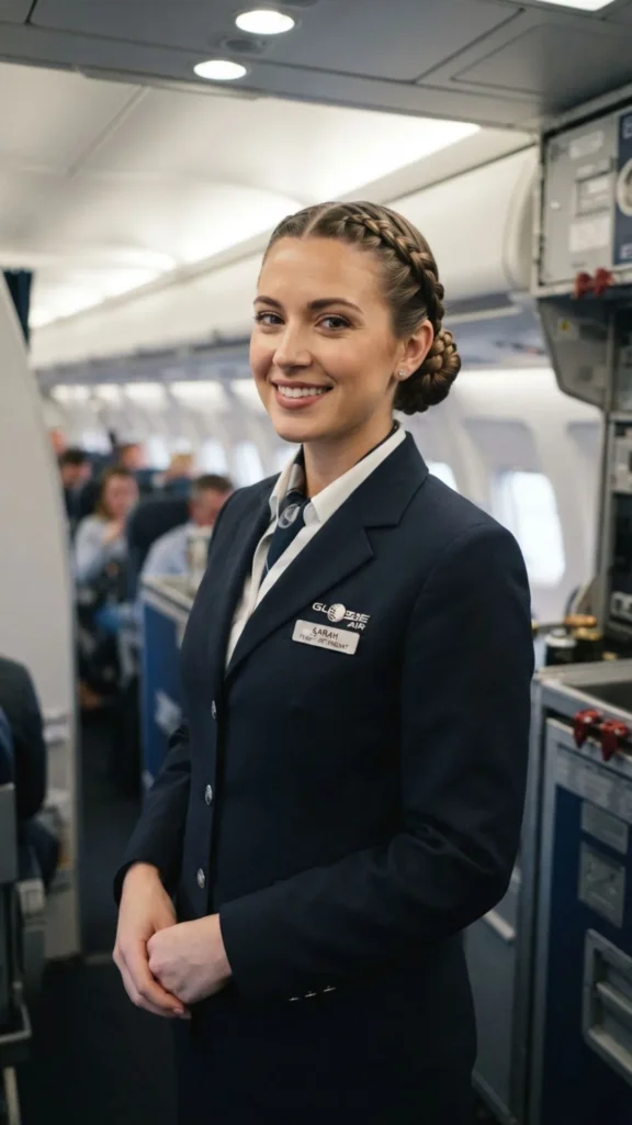 Double braided bun hairstyle for a secure and comfortable flight look
