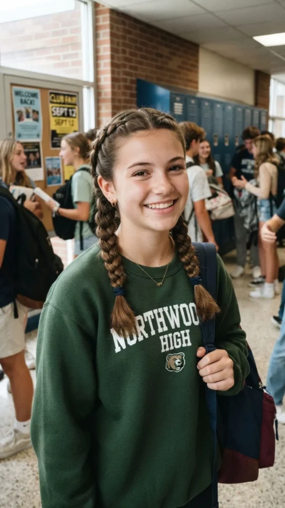 Double braided pigtails with medium brown hair.