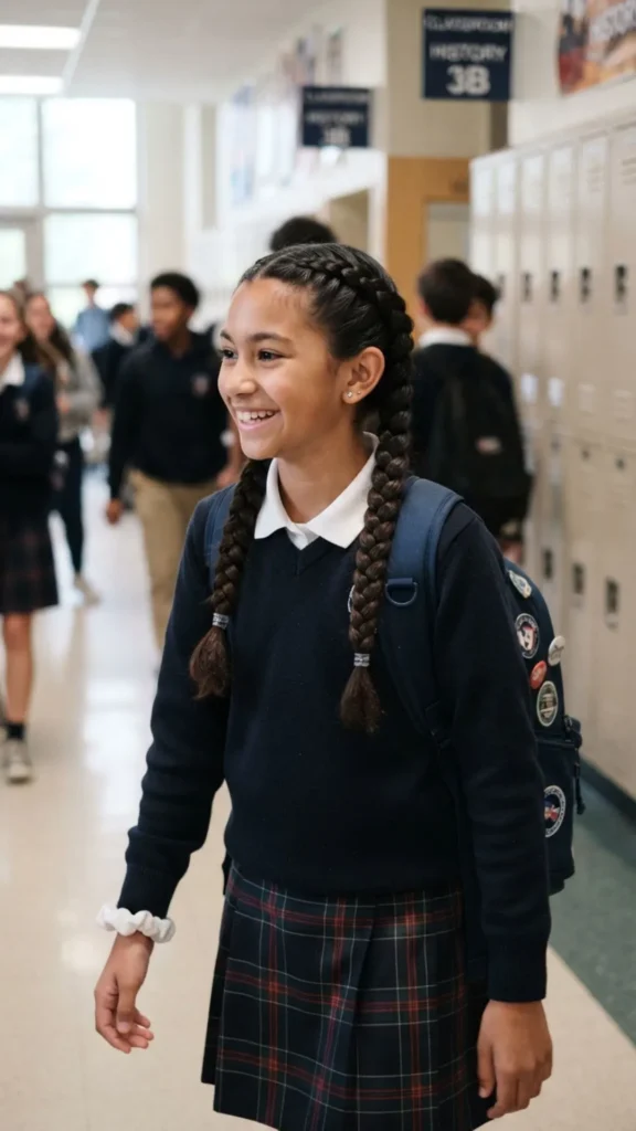 Double Dutch braids hairstyle for a cute, secure, and sporty school look.