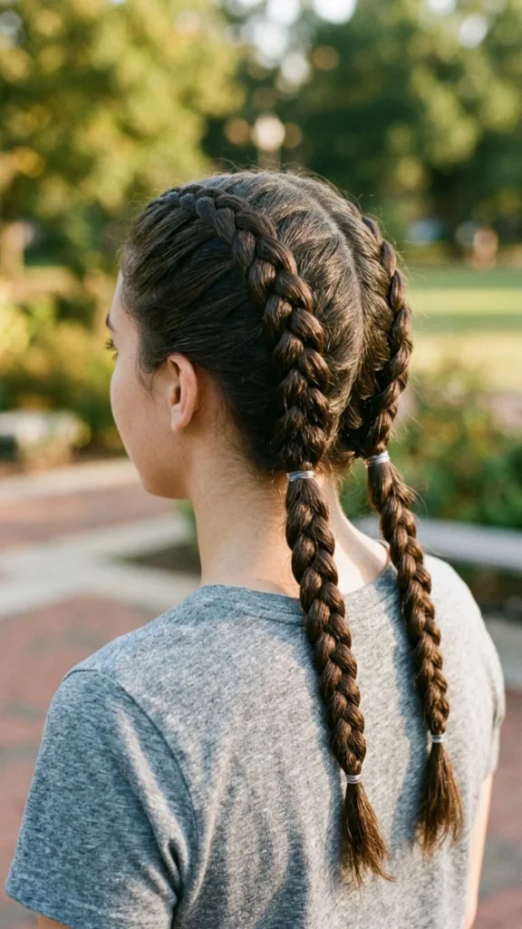 Double Dutch braids create a secure, stylish, and helmet-friendly biker hairstyle.

