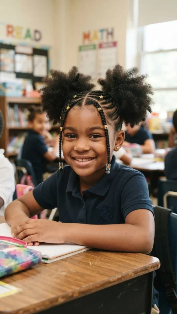 Double natural puffs with chic middle-part braids for a cute school look

