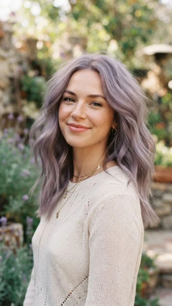 Dusty lavender hair color creating a soft and modern autumn look.
