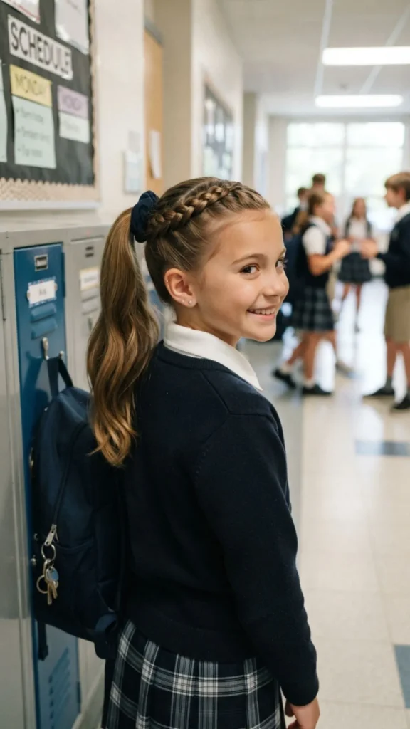 Dutch braid ponytail hairstyle for a neat and stylish school morning look.
