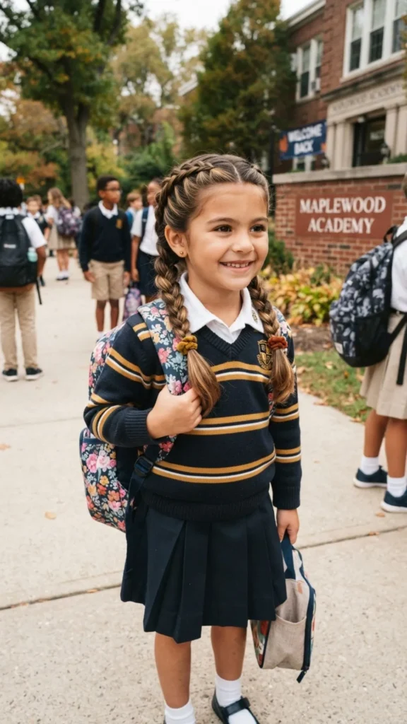 Dutch braided pigtails with warm caramel brown accents.