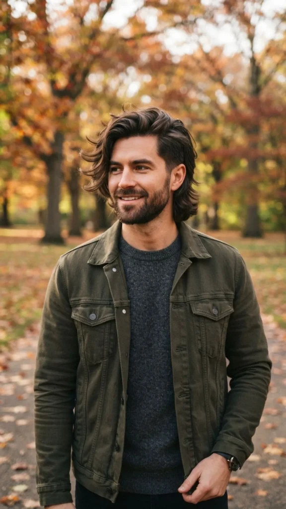 Modern medium side-flow haircut for men with smooth texture.