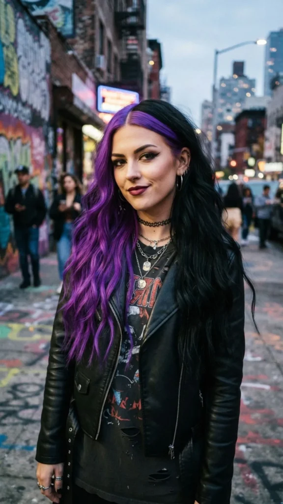 Long edgy hairstyle with bold contrasting color-blocked sections.
