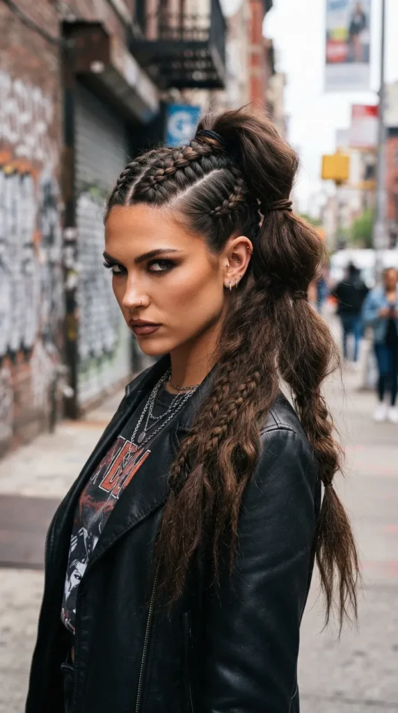 Long, edgy hairstyle styled with a detailed braided ponytail.
