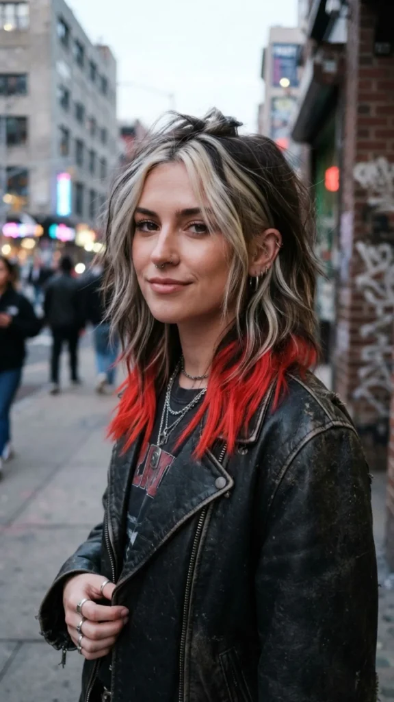 Edgy hairstyle with platinum blonde streaks and bold red tips.
