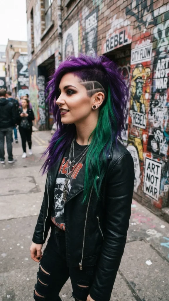 Bold undercut combining vibrant purple and green hair colors.
