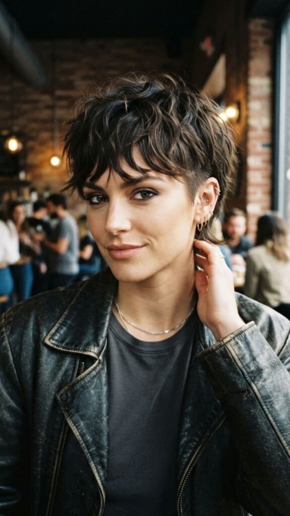  Edgy shaggy pixie cut with textured layers and modern style.