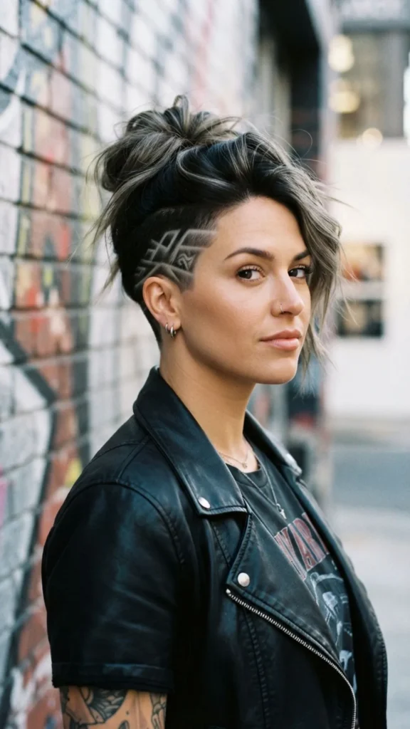 Creative edgy haircut featuring a detailed shaved undercut design.
