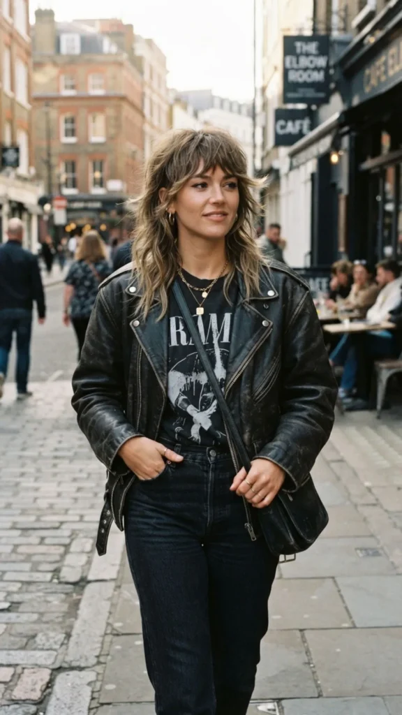 Edgy shaggy layered haircut with relaxed texture and movement.