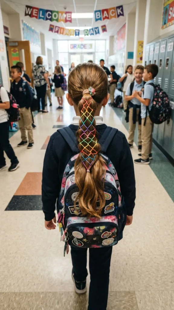 Elastic web ponytail with light chestnut brown hair.
