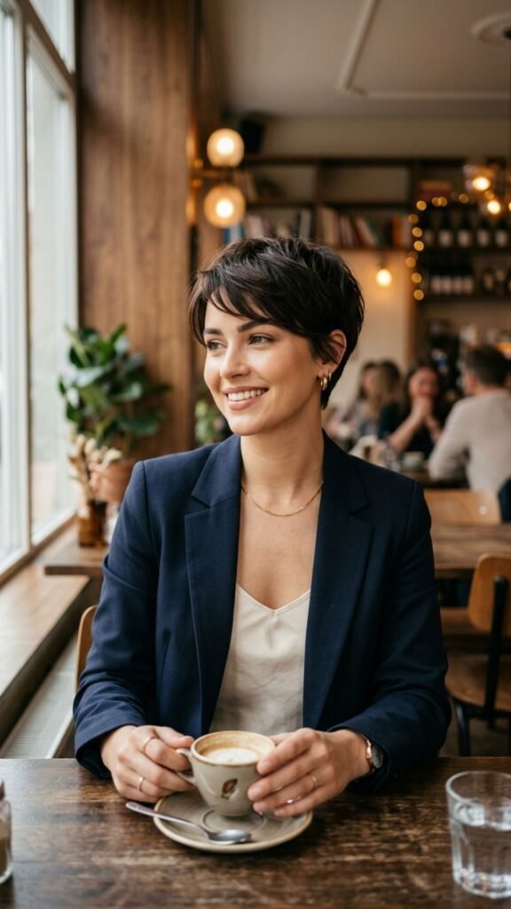  Sophisticated pixie cut with soft layers offering a chic and effortless everyday look.
