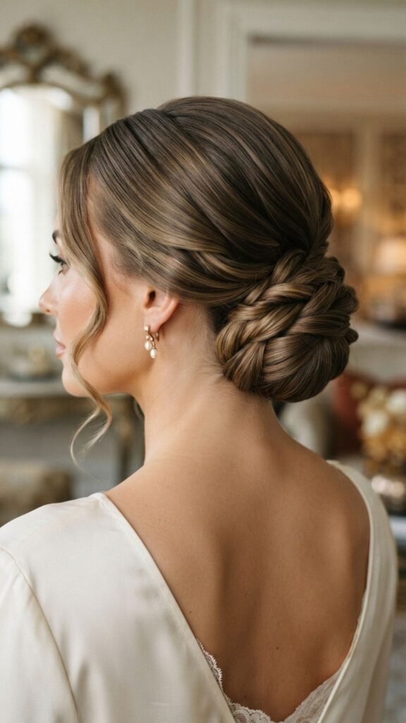 Elegant twisted low bun for a polished and graceful