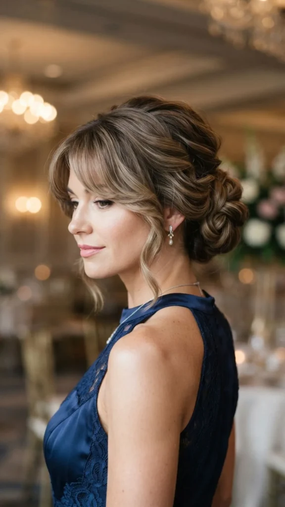 Elegant updo hairstyle complemented by graceful side bangs.