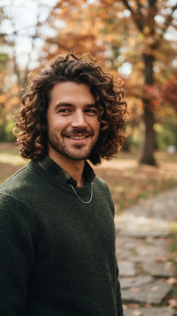 Medium curly hairstyle for men with a textured crown and natural volume.