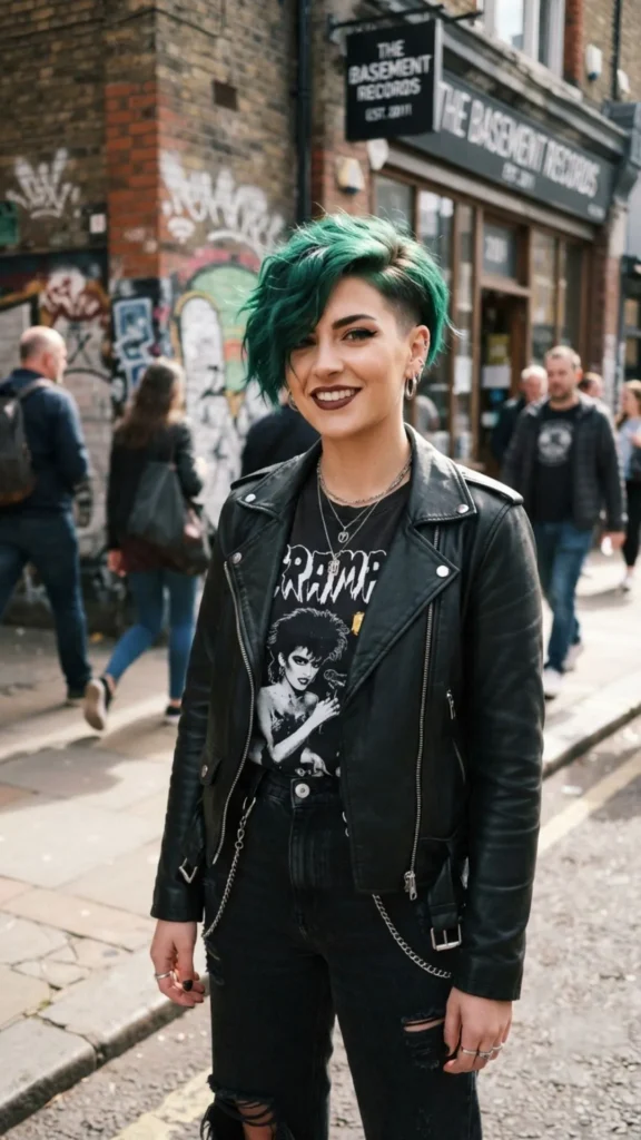 Short edgy haircut with vibrant emerald green hair color.
