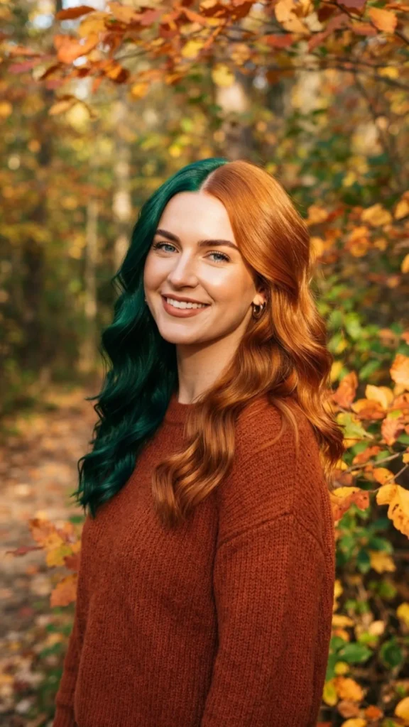 Emerald and copper split colors create a unique fall hairstyle.