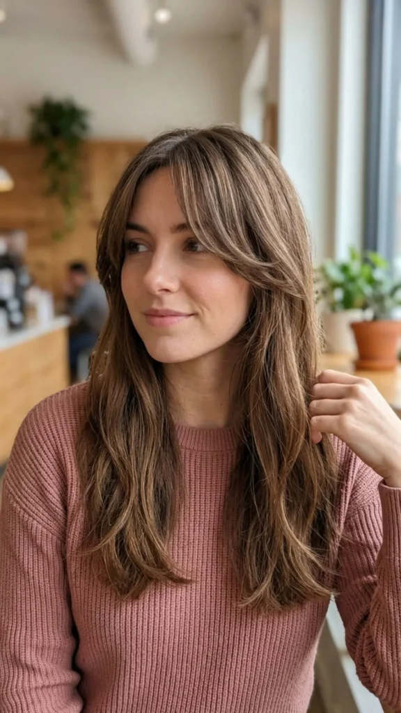 Face-framing long curtain bangs on long hair creating a soft, elegant, and flattering look.
