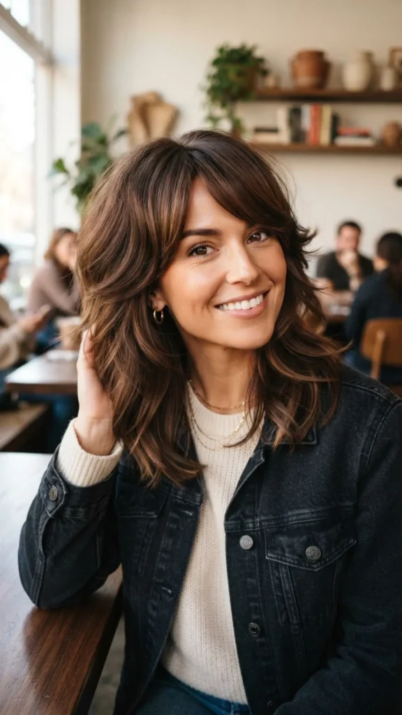 Feathered layered haircut with soft side bangs for a voluminous look.