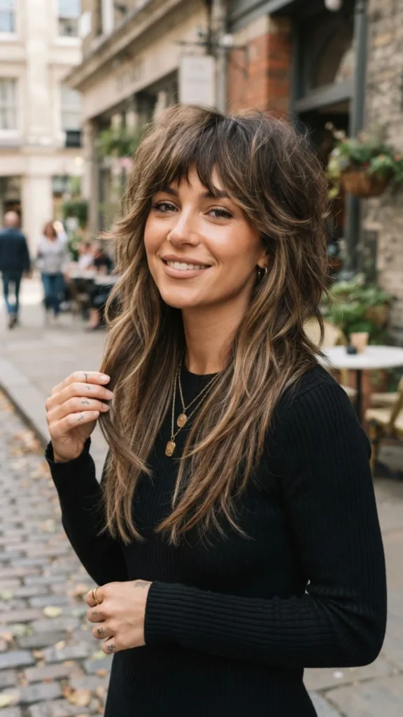 Feathered shag haircut with elongated front pieces and soft flowing layers