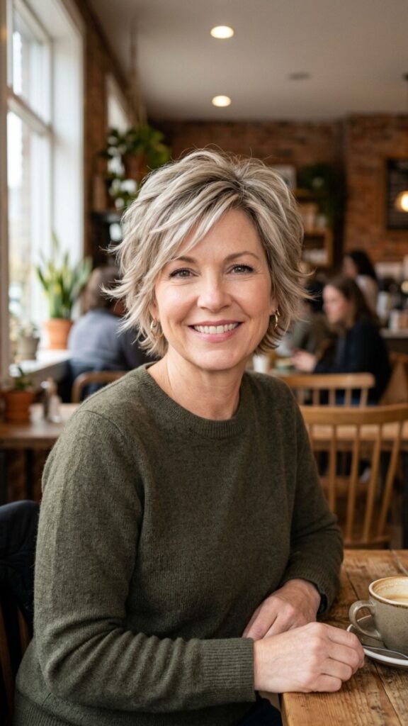 Feathered short hairstyle with airy layers creating softness, volume, and graceful movement.

