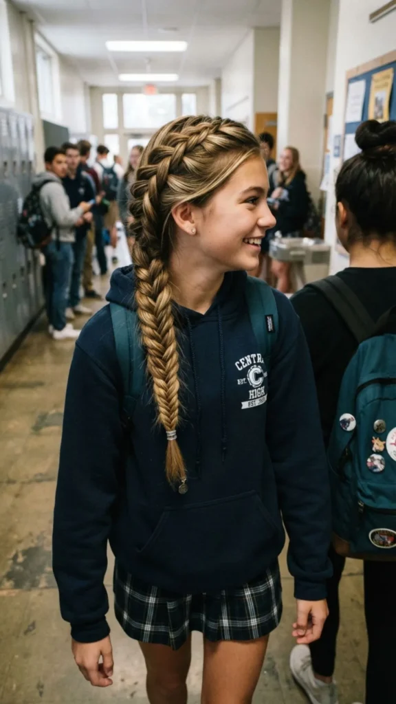 Fish tail braid hairstyle for a trendy and textured school day look.