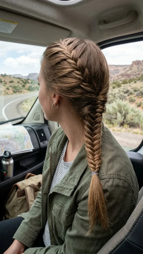 Long fishtail braid with a secure finish, perfect for preventing tangles during motorcycle rides.
