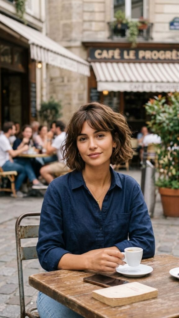 Classic French bob with soft bangs framing the face for timeless Parisian style.
