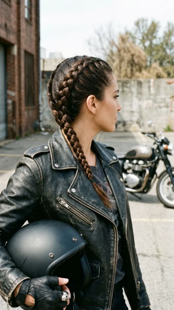 Classic French braid with a sleek, secure look ideal for helmet wear and biker fashion.