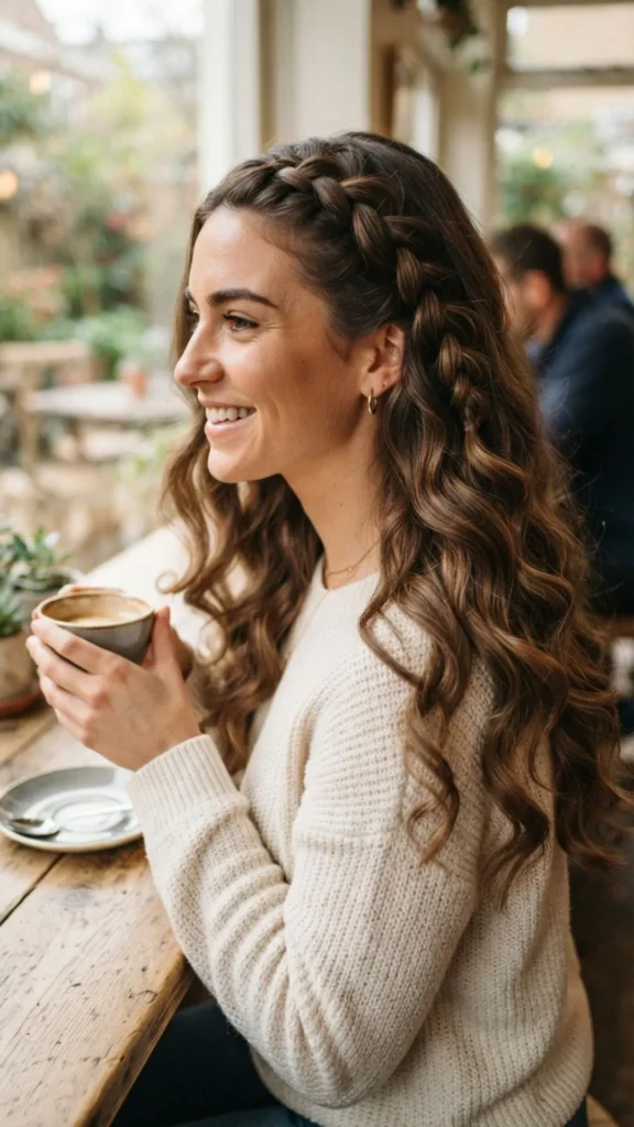Front braid paired with loose curls for a romantic, stylish, and beautifully textured hairstyle.
