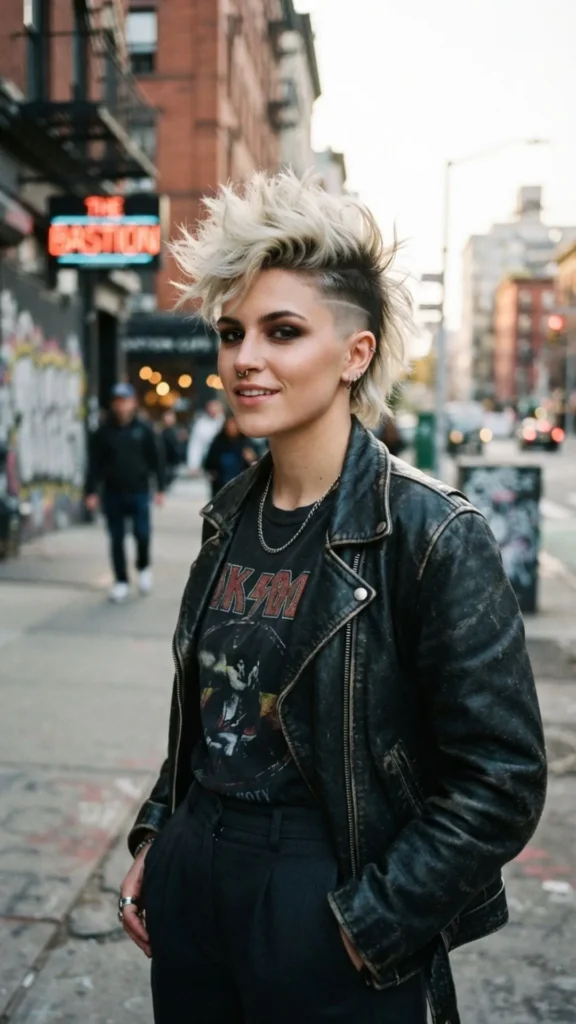 Bold fauxhawk hairstyle with dramatic volume and edgy texture.